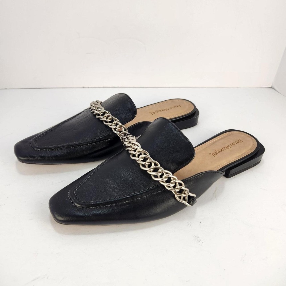 Bruno Menegatti Women's Size 6 Black Mule Loafers Silver Chain Square Toe Slip O